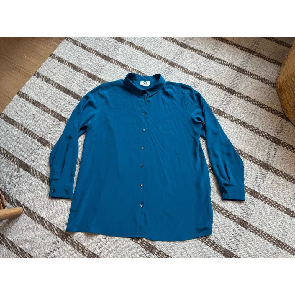 Voyage Marina Rinaldi Silk Long Sleeve Blouse Teal Blue XL Button Front Airy